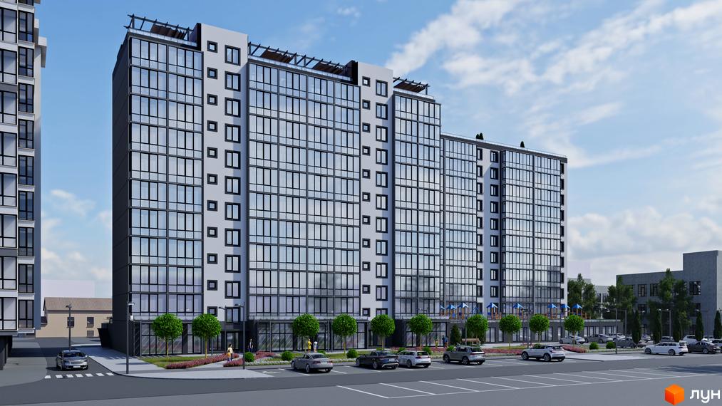 Житловий комплекс Your Home з панорамними вікнами. На прибудинковій території парковка для автомобілів, зелені насадження та дитячий майданчик.