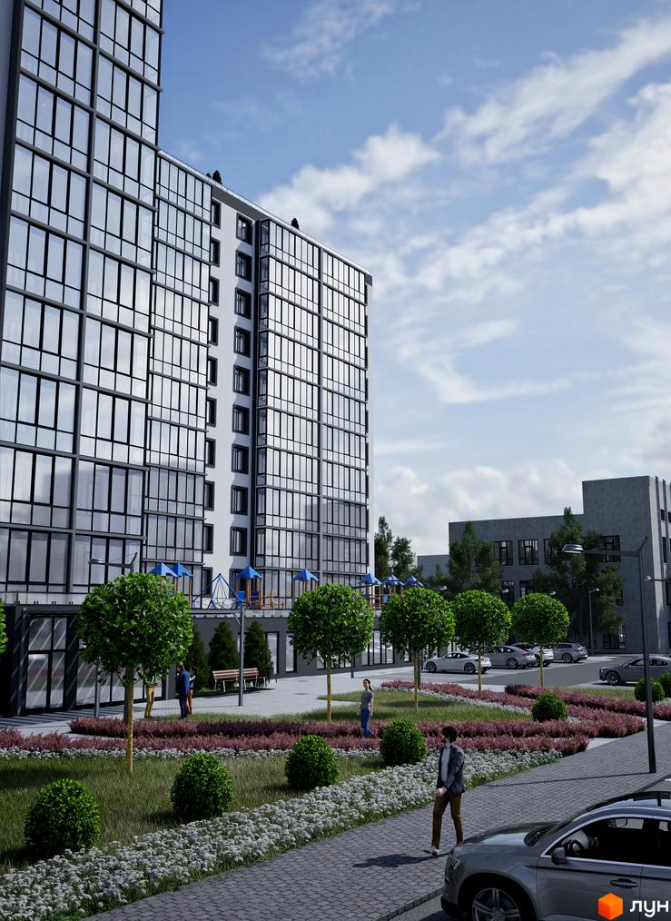 Житловий комплекс Your Home: багатоповерховий будинок з великими вікнами та доглянутою прибудинковою територією з зеленими насадженнями та дитячим майданчиком.