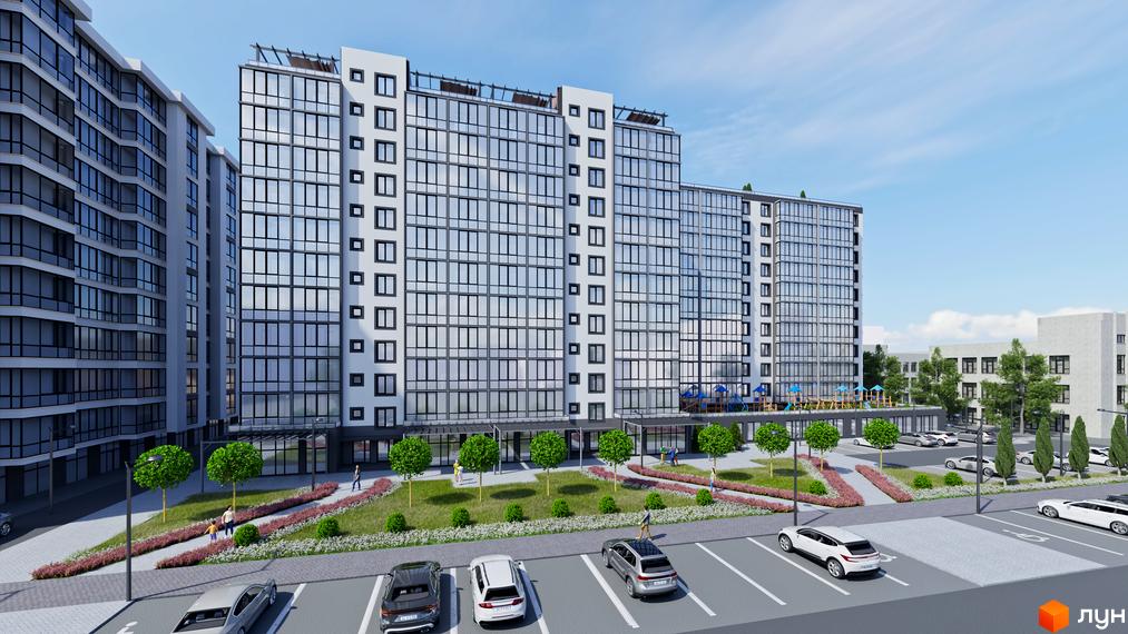 Висотна новобудова ЖК Your Home з панорамними вікнами. На прибудинковій території є парковка, зелені насадження та місця для відпочинку.