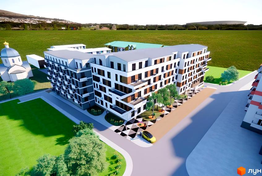 Житловий комплекс Тихий Львів - це багатоповерхова новобудова з балконами та великими вікнами, розташована на фоні зеленого пагорба та паркової зони з деревами.