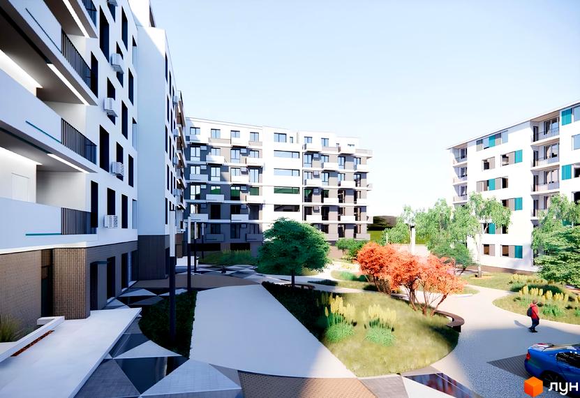 Житловий комплекс Тихий Львів: фасади будинків з балконами та кондиціонерами, упорядкована прибудинкова територія з деревами та ландшафтним дизайном.