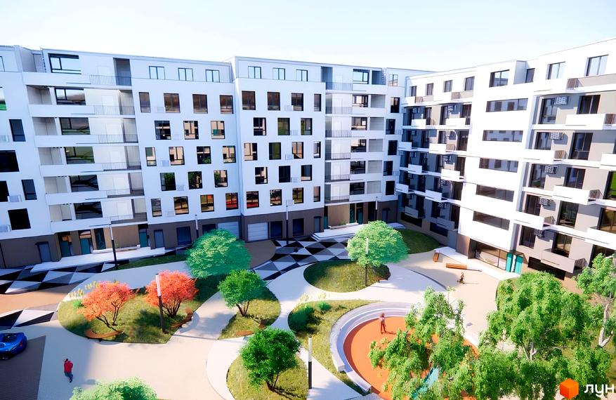 Житловий комплекс Тихий Львів з білими фасадами та балконами, що виходять у внутрішній двір з зеленими деревами та дитячим майданчиком.