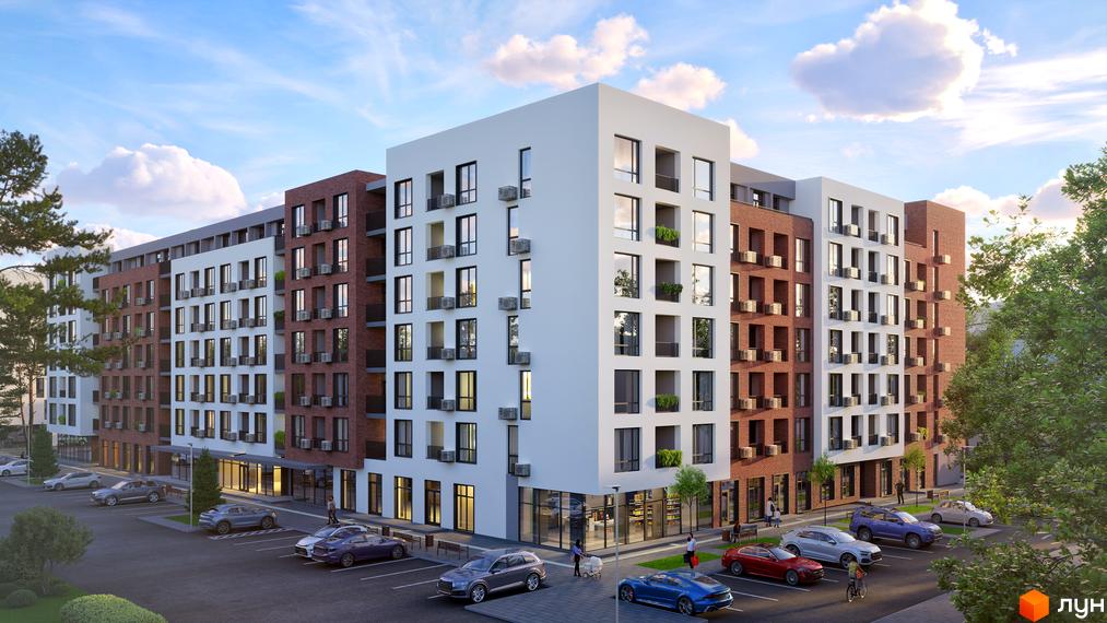 Багатоповерховий Житловий комплекс Central City Mukachevo з білими та цегляними фасадами, поруч паркінг та зелені насадження.