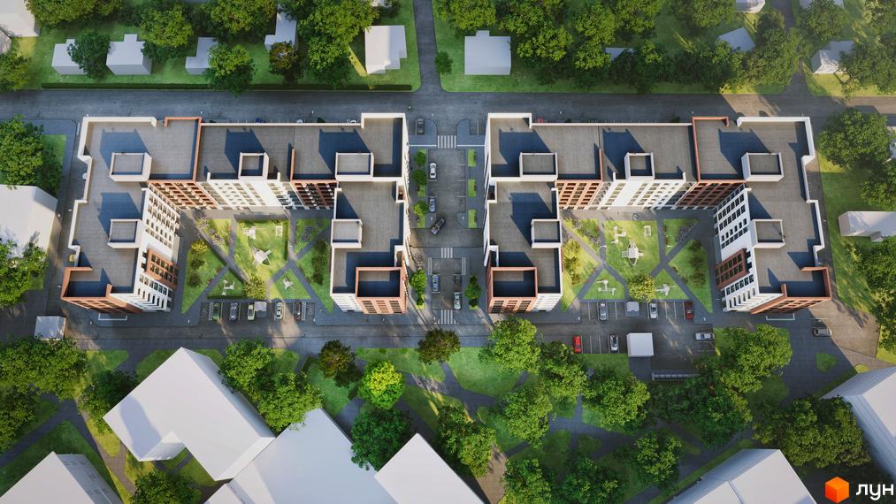 Житловий комплекс Central City Mukachevo: два багатоповерхові будинки зі світлими фасадами та коричневими елементами. Прибудинкова територія включає зелені двори з ігровими зонами, доріжками та парковками.