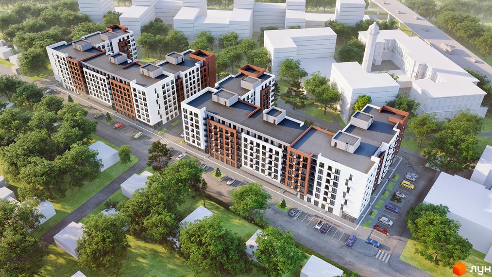 Житловий комплекс Central City Mukachevo складається з кількох багатоповерхових будинків з білими та цегляними фасадами. Навколо будівель багато дерев, зелених зон та паркувальних місць.