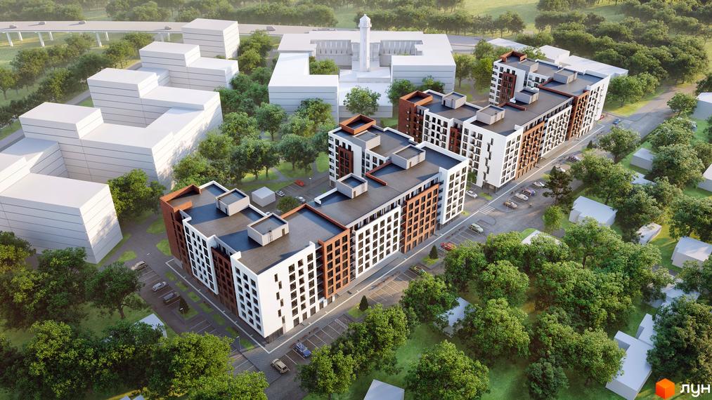 Зовнішній вигляд житлового комплексу Central City Mukachevo з цегляними та білими фасадами, розташований серед дерев. Навколо новобудови облаштовані паркувальні місця та дороги.