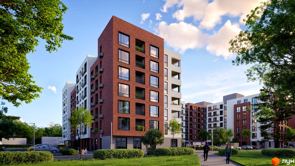 Зовнішній вигляд новобудови ЖК Central City Mukachevo з цегляним фасадом та великими вікнами. На прибудинковій території зелені насадження та доріжки для прогулянок.