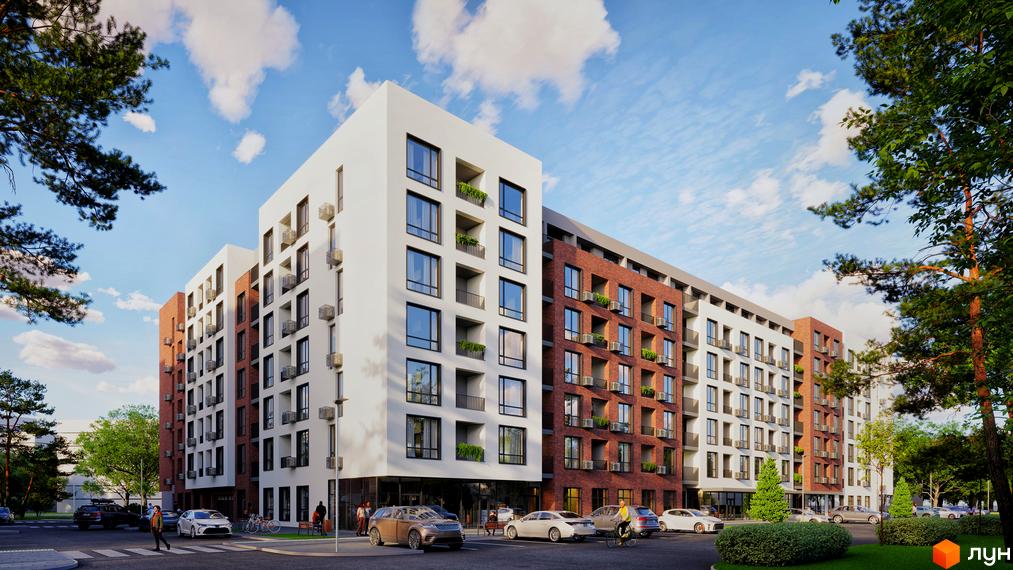 Житловий комплекс Central City Mukachevo - це багатоповерхова новобудова з цегляним та білим фасадами, балконами з рослинами та парковкою біля будинку.