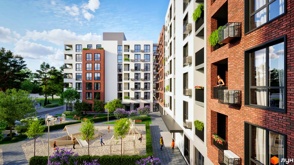 Житловий комплекс Central City Mukachevo з цегляним фасадом та білими секціями, дитячим майданчиком та зеленими зонами.