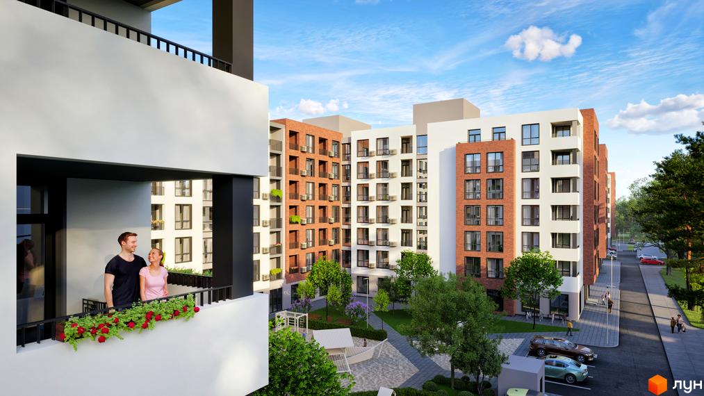 Житловий комплекс Central City Mukachevo: фасади будівель з цегляними та білими вставками, зелений внутрішній двір з дитячим майданчиком та зонами відпочинку.