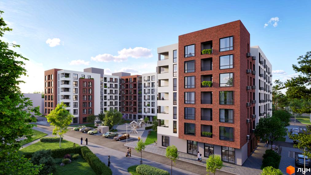 Житловий комплекс Central City Mukachevo. Зовнішній вигляд будівель з червоної цегли та білої штукатурки, парковка та дитячий майданчик.