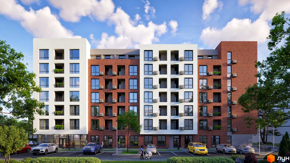 Зовнішній вигляд новобудови ЖК Central City Mukachevo з цегляним та білим фасадом, вікнами, балконами та кондиціонерами. На прибудинковій території розташовані автомобілі та зелені насадження.