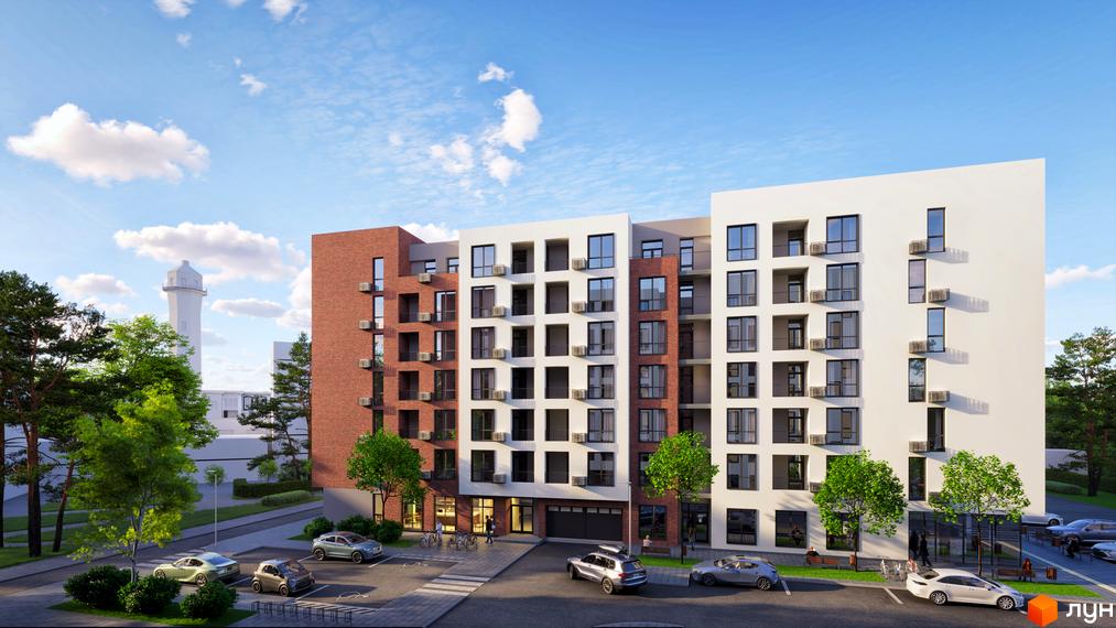 Житловий комплекс Central City Mukachevo - це сучасна багатоповерхова новобудова з цегляним та білим фасадами, розташована на фоні блакитного неба з хмарами. Прибудинкова територія облаштована парковкою та зеленими насадженнями.