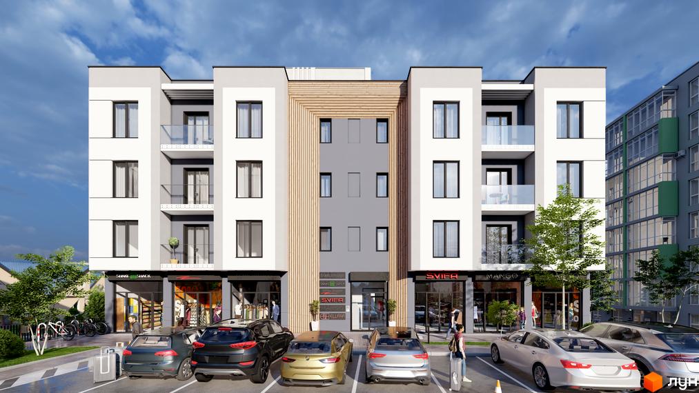 Зображення фасаду будівлі Житлового комплексу МОККО з магазинами на першому поверсі та парковкою. Навколо будівлі дерева та блакитне небо.