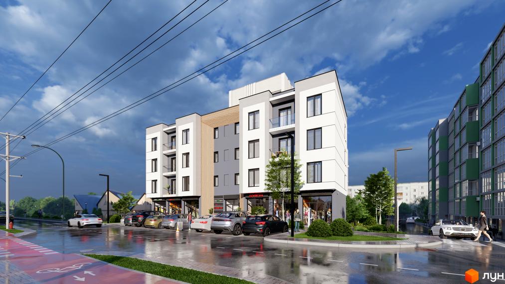 Житловий комплекс МОККО з білими та сірими фасадами та балконами. Перед будинком мокра дорога, припарковані автомобілі та червона велодоріжка.