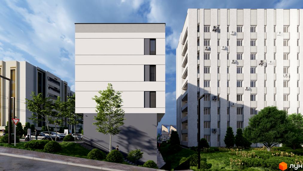 Фасад Житлового комплексу МОККО з білими панелями та темними вікнами, поруч висока будівля з кондиціонерами. Прибудинкова територія озеленена деревами та кущами, є парковка.