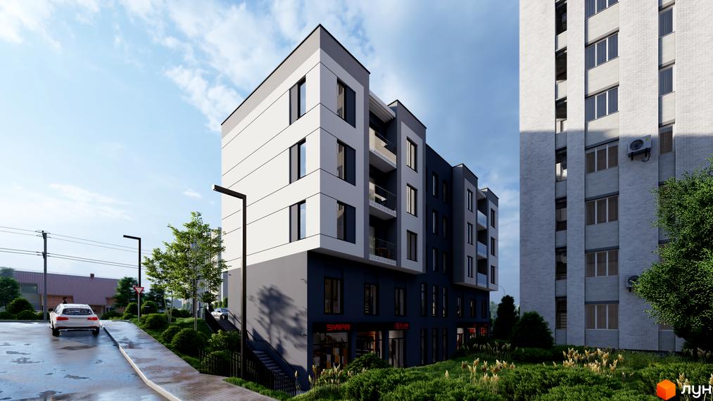 Фасад Житлового комплексу МОККО виконаний у сіро-білих тонах з балконами. На передньому плані видно дорогу та зелені насадження.