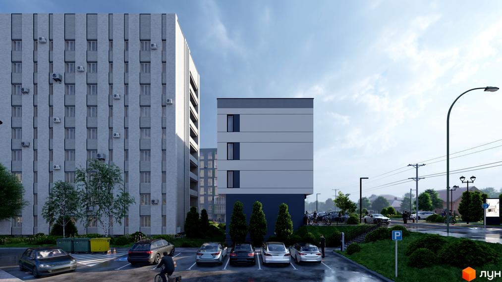 Житловий комплекс МОККО. Висотна будівля з фасадом світлих відтінків та невеликий будинок поруч. На території є парковка та зелені насадження.