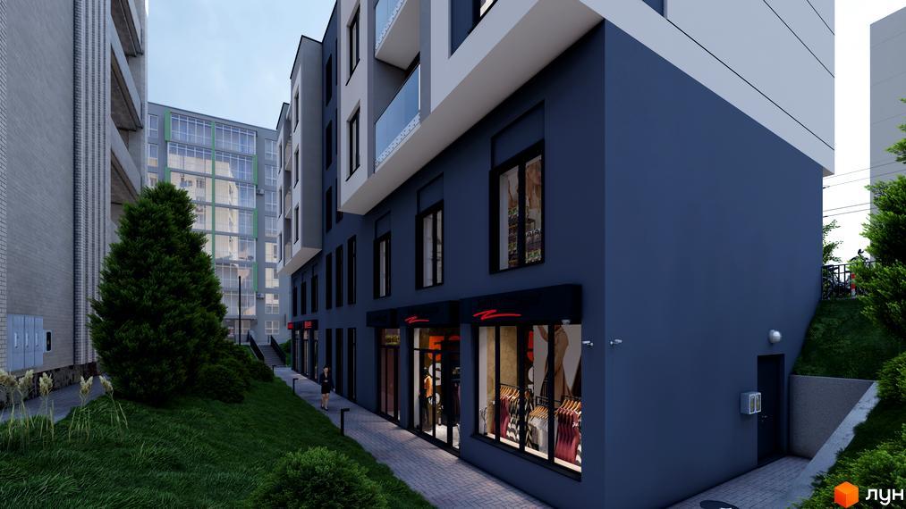 Житловий комплекс МОККО: будівля з двоколірним фасадом та комерційними приміщеннями на першому поверсі. Територія облаштована газонами, деревами та брукованою доріжкою.