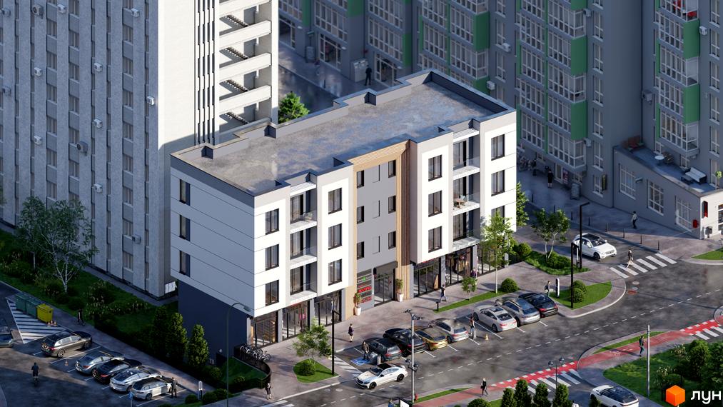 Триповерхова будівля ЖК МОККО з магазинами на першому поверсі та парковкою. Навколо будинку зелені насадження та тротуари.