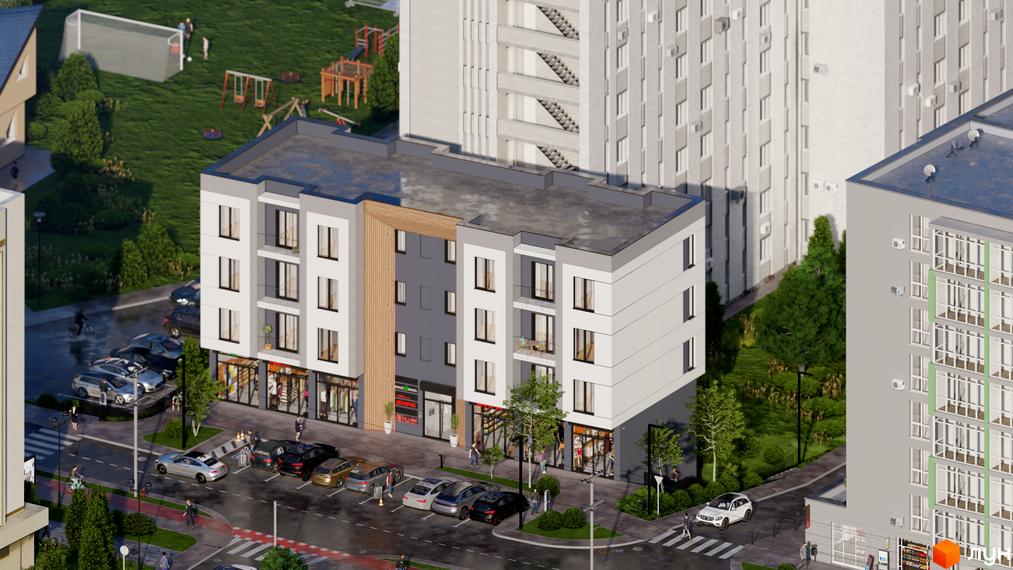 Житловий комплекс МОККО: багатоповерхові будинки зі світлими фасадами, комерційними приміщеннями. Прибудинкова територія з парковкою та дитячим майданчиком.