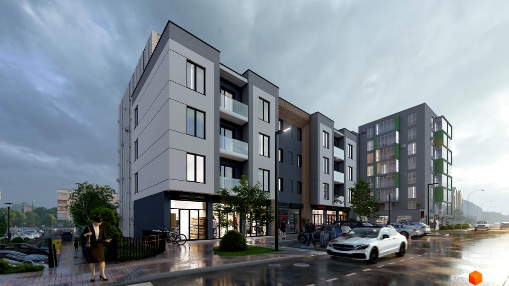 Житловий комплекс МОККО з сучасним дизайном фасаду. На зображенні видно будівлі з магазинами на першому поверсі та прибудинкову територію з автомобілями.