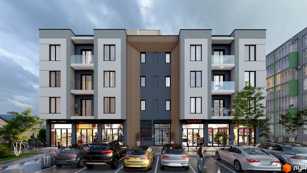 Зображення фасаду будівлі ЖК МОККО з магазинами на першому поверсі та парковкою перед будинком. На балконах скляні огорожі.