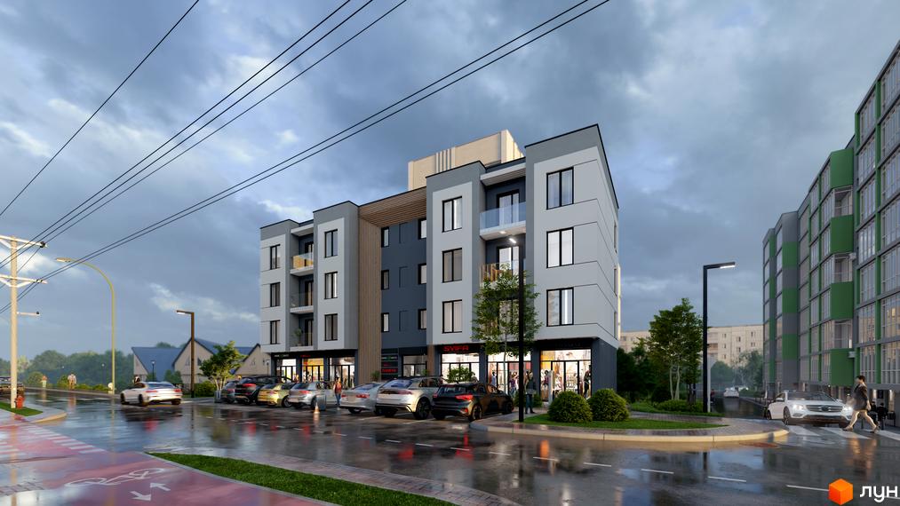 Житловий комплекс МОККО з фасадами у сірих тонах, балконами та комерційними приміщеннями на першому поверсі. На прибудинковій території парковка та зелені насадження.