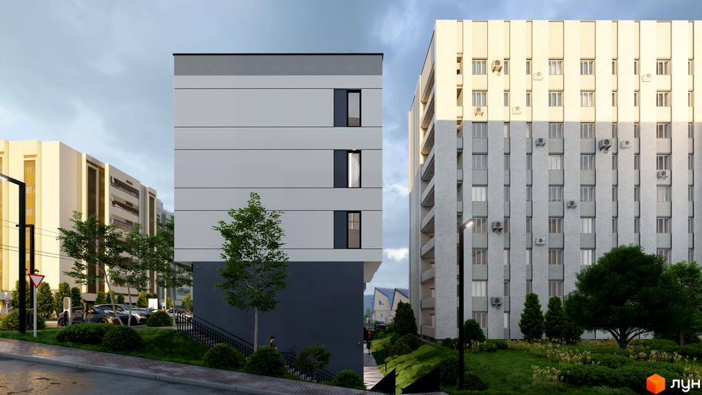 Житловий комплекс МОККО. Зображено багатоповерхові будинки світлих відтінків з вікнами та прибудинкову територію з деревами, кущами та пішохідними доріжками.