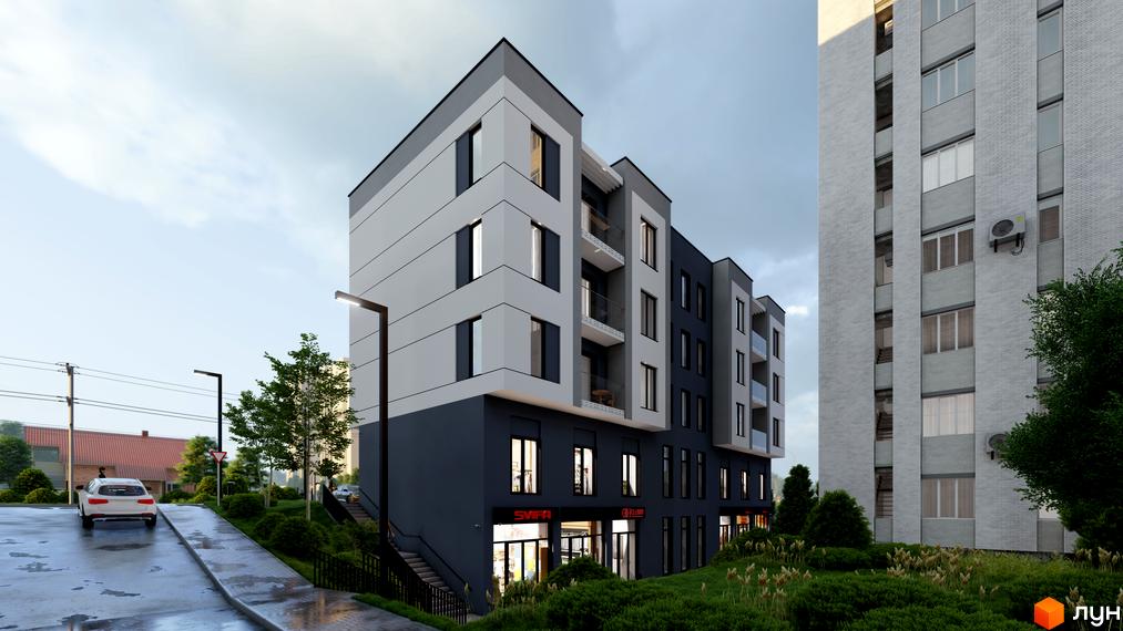 Багатоповерховий будинок житлового комплексу МОККО з фасадом у сіро-білих тонах. На першому поверсі розташовані магазини, перед будинком зелені насадження та дорога.