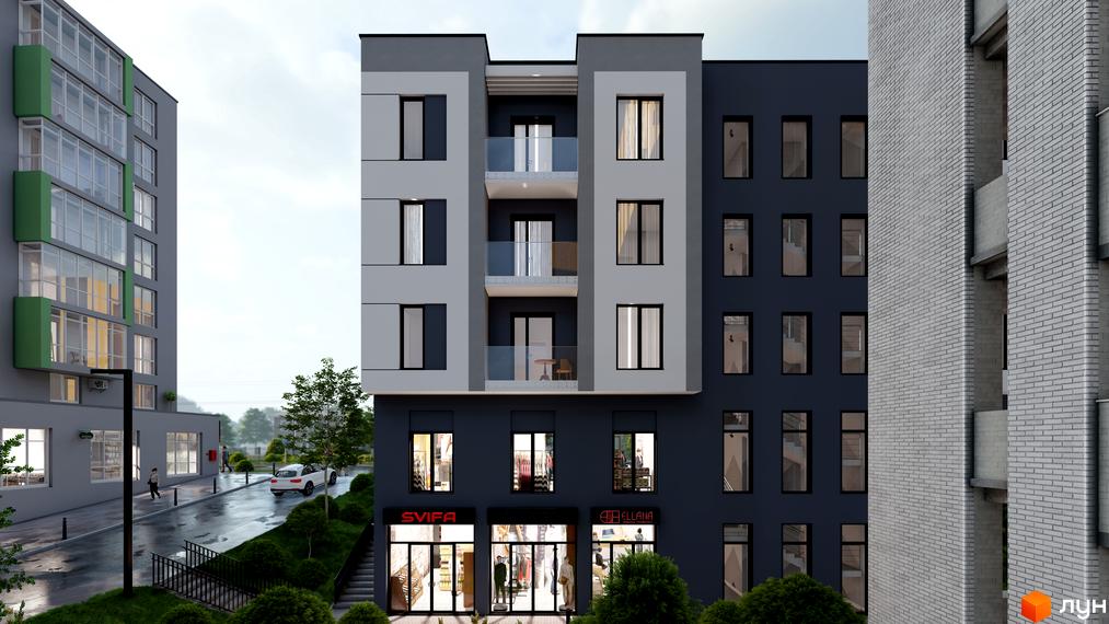 Житловий комплекс МОККО. Багатоповерховий будинок з балконами та вітринами магазинів на першому поверсі. Навколо будинку зелені насадження та дорога.