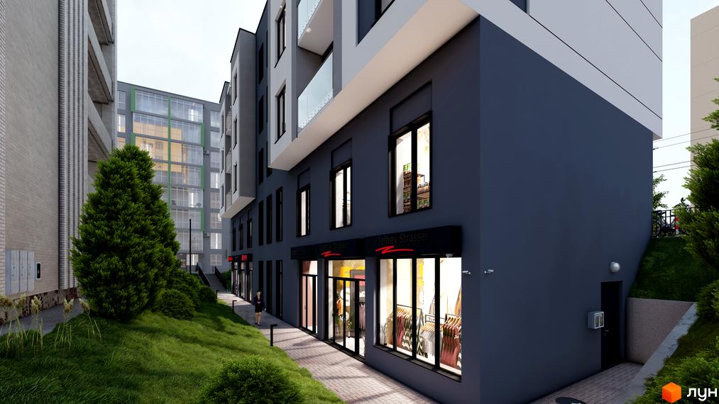 Житловий комплекс МОККО з темно-сірим фасадом та комерційними приміщеннями на першому поверсі. Поруч зелені насадження та пішохідна доріжка.