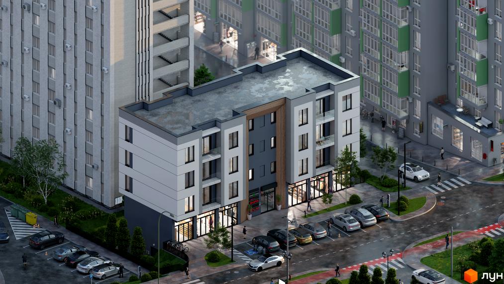 Багатоповерховий будинок ЖК МОККО з фасадом у світлих тонах. На прибудинковій території парковка, тротуари та зелені насадження.