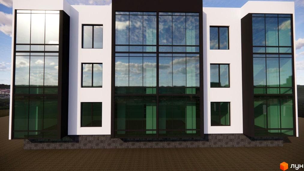 Фасад будівлі Житлового комплексу Атмосфера new format з великими вікнами, що відбивають небо. На передньому плані - територія з коричневим покриттям.