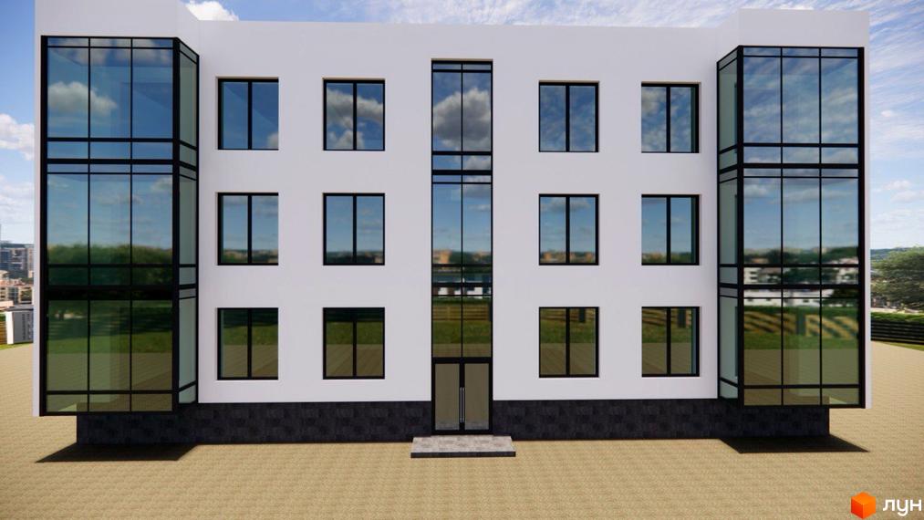 Фасад триповерхового будинку з великими вікнами та скляними вставками. Біля входу до будівлі розташована невелика тераса, навколо будівлі - бруківка.