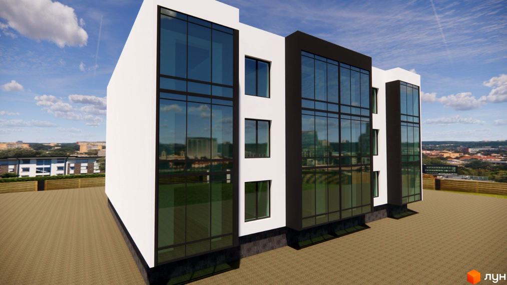 Житловий комплекс Атмосфера new format: біла будівля з темними вставками та великими вікнами на тлі брукованої території та міського пейзажу.