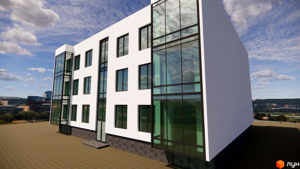 Житловий комплекс Атмосфера new format. Фасад білого будинку з великими вікнами та скляними елементами, поруч вимощена територія.