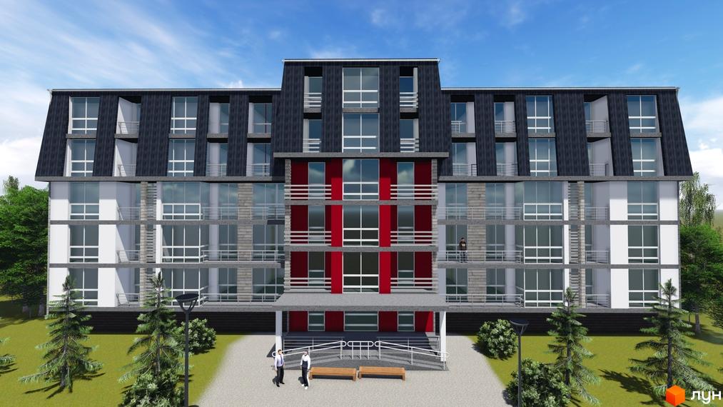 Зовнішній вигляд новобудови ЖК Хвиля з червоними та сірими елементами фасаду, великими вікнами та балконами. На прибудинковій території розташовані дерева та лавки.