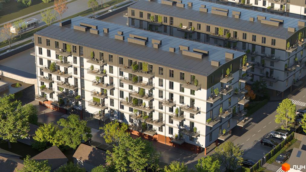 Житловий комплекс Скандинавський Квартал з білими та темно-сірими фасадами, балконами з рослинами, оточений деревами та парковками.