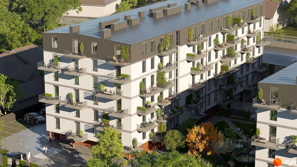 Житловий комплекс Скандинавський Квартал: світлий будинок з багаторівневими балконами та рослинами. Прибудинкова територія з зеленими насадженнями, доріжками та паркінгом.