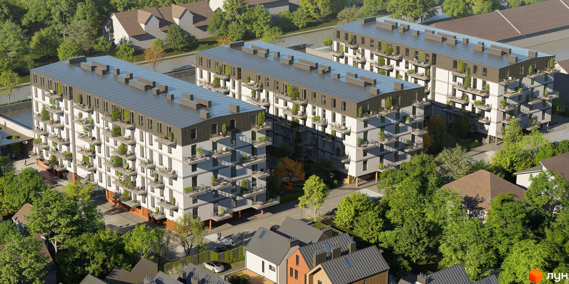 Високоповерхові будинки ЖК Скандинавський Квартал з балконами та зеленими насадженнями на території. Архітектура новобудови гармонійно поєднується з навколишньою природою.