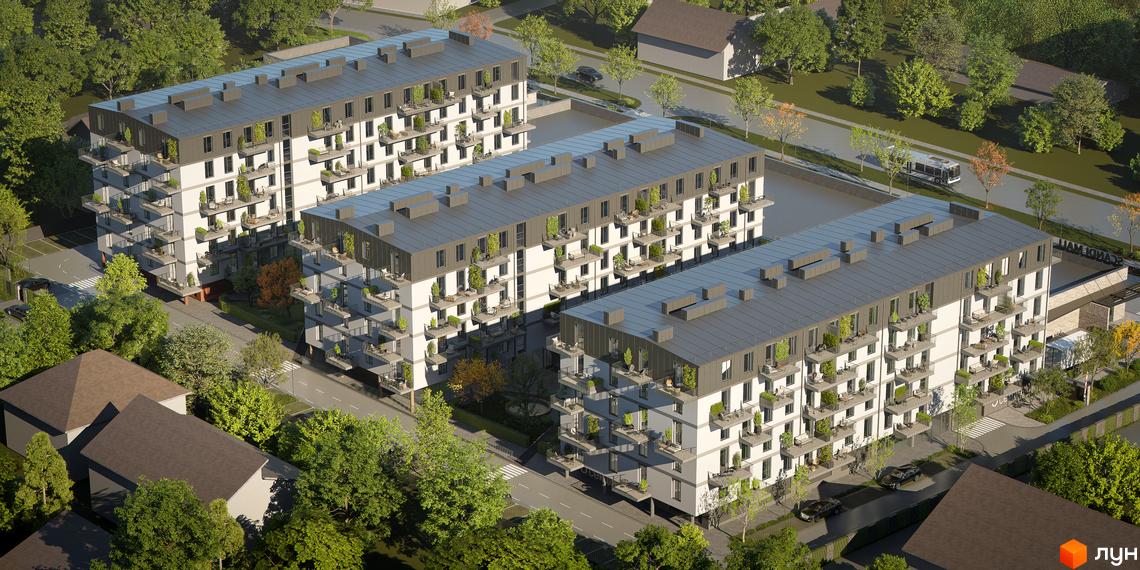 Житловий комплекс Скандинавський Квартал. Багатоквартирні будинки з балконами та терасами, озеленення на дахах. Благоустрій прибудинкової території.