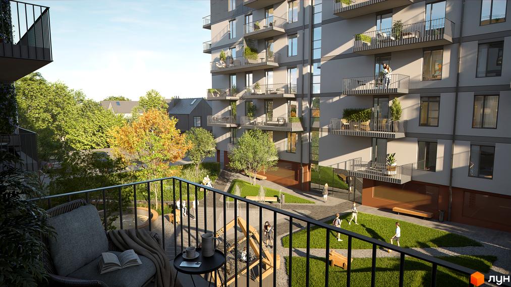 Багатоповерховий будинок Житлового комплексу Скандинавський Квартал з балконами. Прибудинкова територія з зеленими насадженнями та зонами відпочинку.