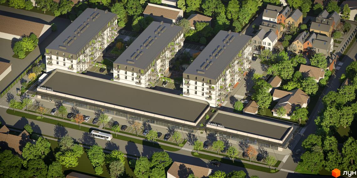 Аерофото Житлового комплексу Скандинавський Квартал: багатоповерхові будинки з білими фасадами, торговий центр Scandi Mall, парковки та зелені зони.
