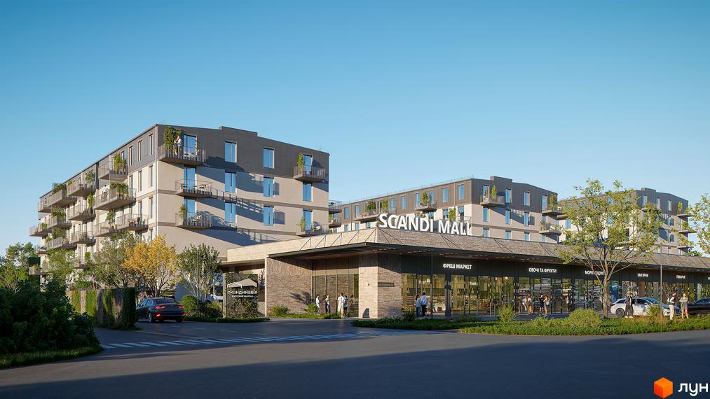 Житловий комплекс Скандинавський Квартал з багатоквартирними будинками та комерційним центром Scandi Mall. Територія озеленена.
