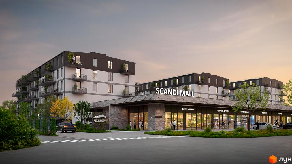 Зображення фасаду ЖК Скандинавія з магазинами на першому поверсі. Поруч розташована парковка та зелені насадження.