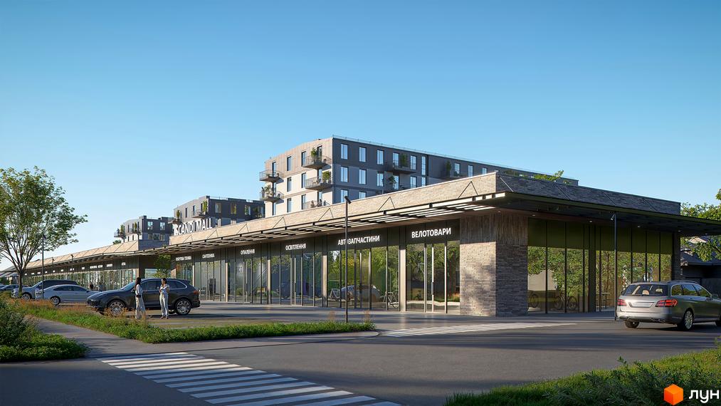 Житловий комплекс Скандинавський Квартал: багатоквартирний будинок з комерційними приміщеннями на першому поверсі. Перед ним парковка та зелені насадження.
