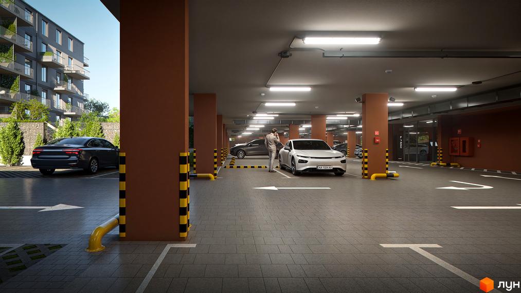Підземний паркінг в ЖК Скандинавський Квартал з автомобілями та розміткою для паркування. Вид на житловий будинок з балконами.