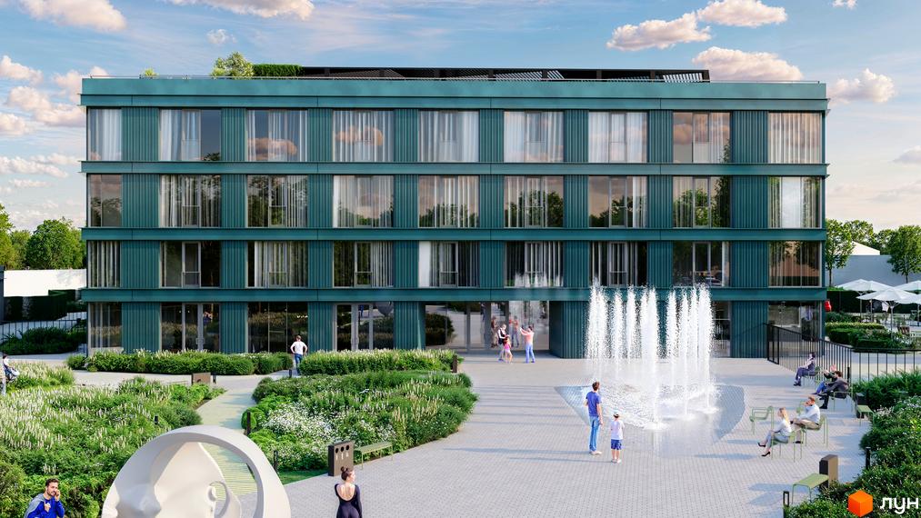 Фасад Emerald Premier House має темно-зелений колір та великі вікна. Прибудинкова територія включає зелені насадження, фонтан та місця для відпочинку.