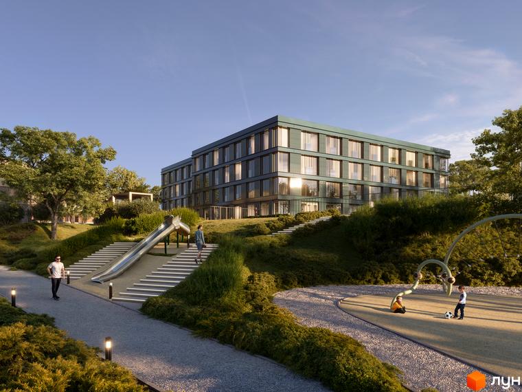 Зображення житлового комплексу Emerald Premier House з сучасним дизайном. На передньому плані дитячий майданчик, поруч доріжки для прогулянок та зелені насадження.